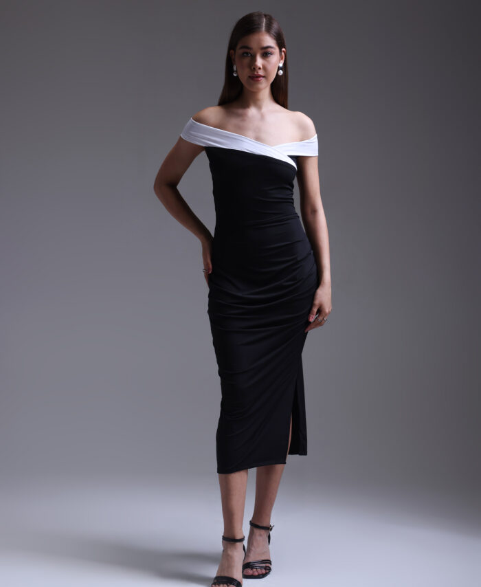 Monochrome Off-Shoulder Midi