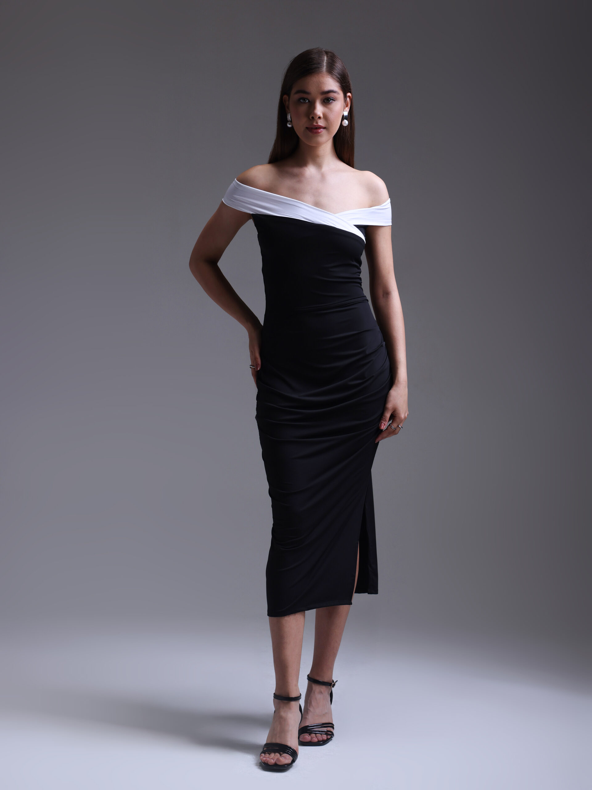 Monochrome Off-Shoulder Midi