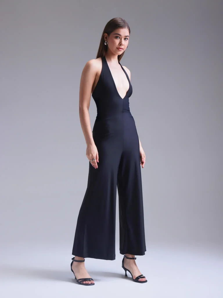 Noir Deep-Plunge Wide-Leg Jumpsuit – Black